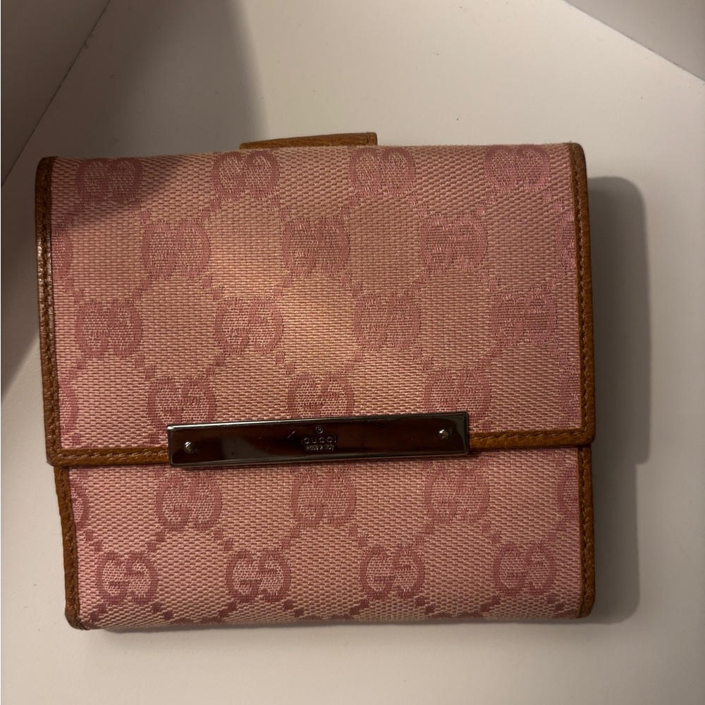 Gucci Pink GG Canvas Trifold Wallet with Leather Trim